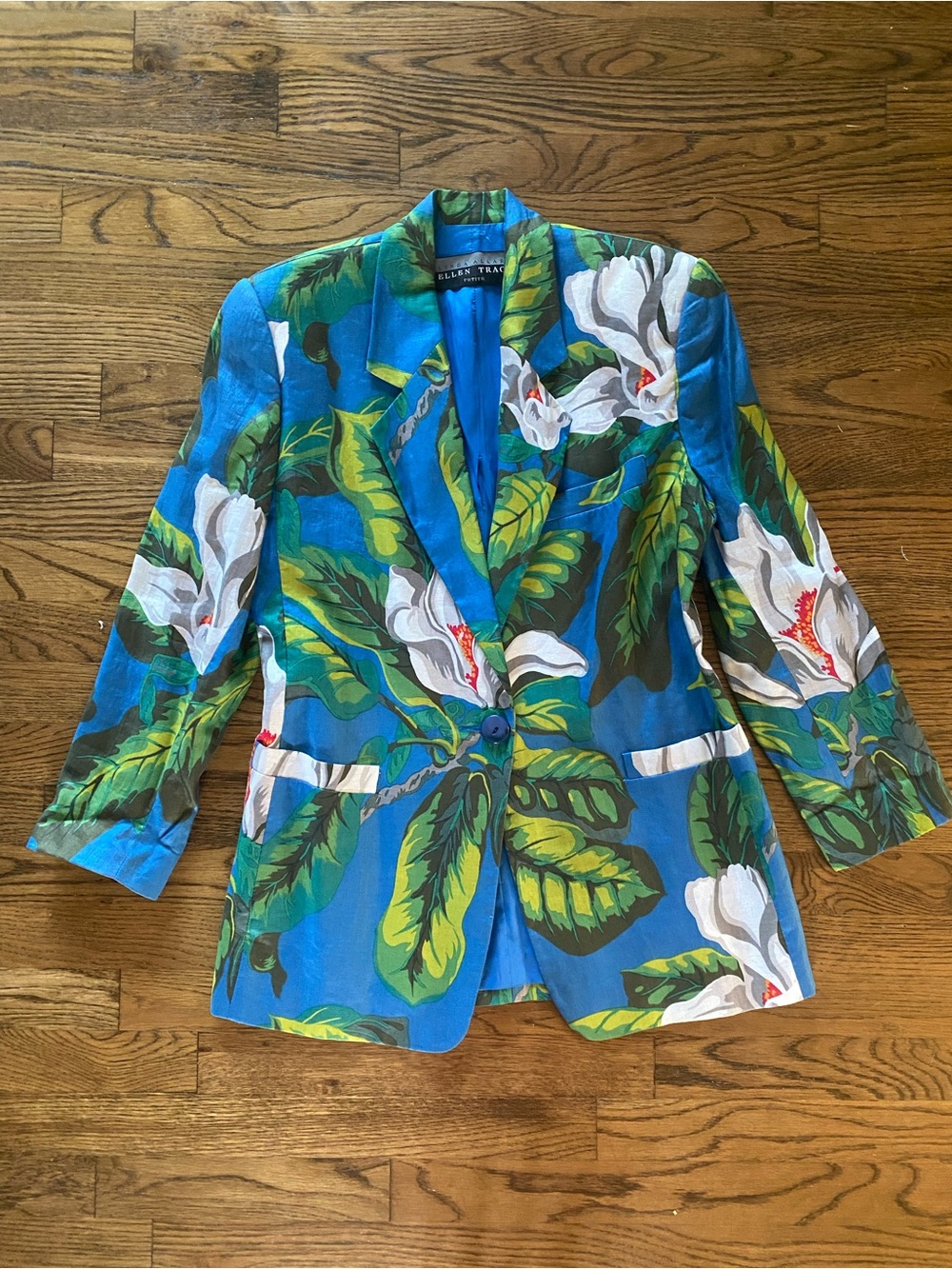 Gorgeous Ellen Tracy Blue Floral Notch-Lapel Single-Button 100% Linen Blazer